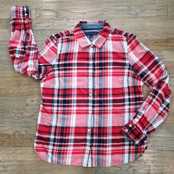 Tommy Hilfiger Tops - Tommy Hilfiger Popover Red Plaid Women Medium Roll-Tab Long‎ Sleeve Button Down